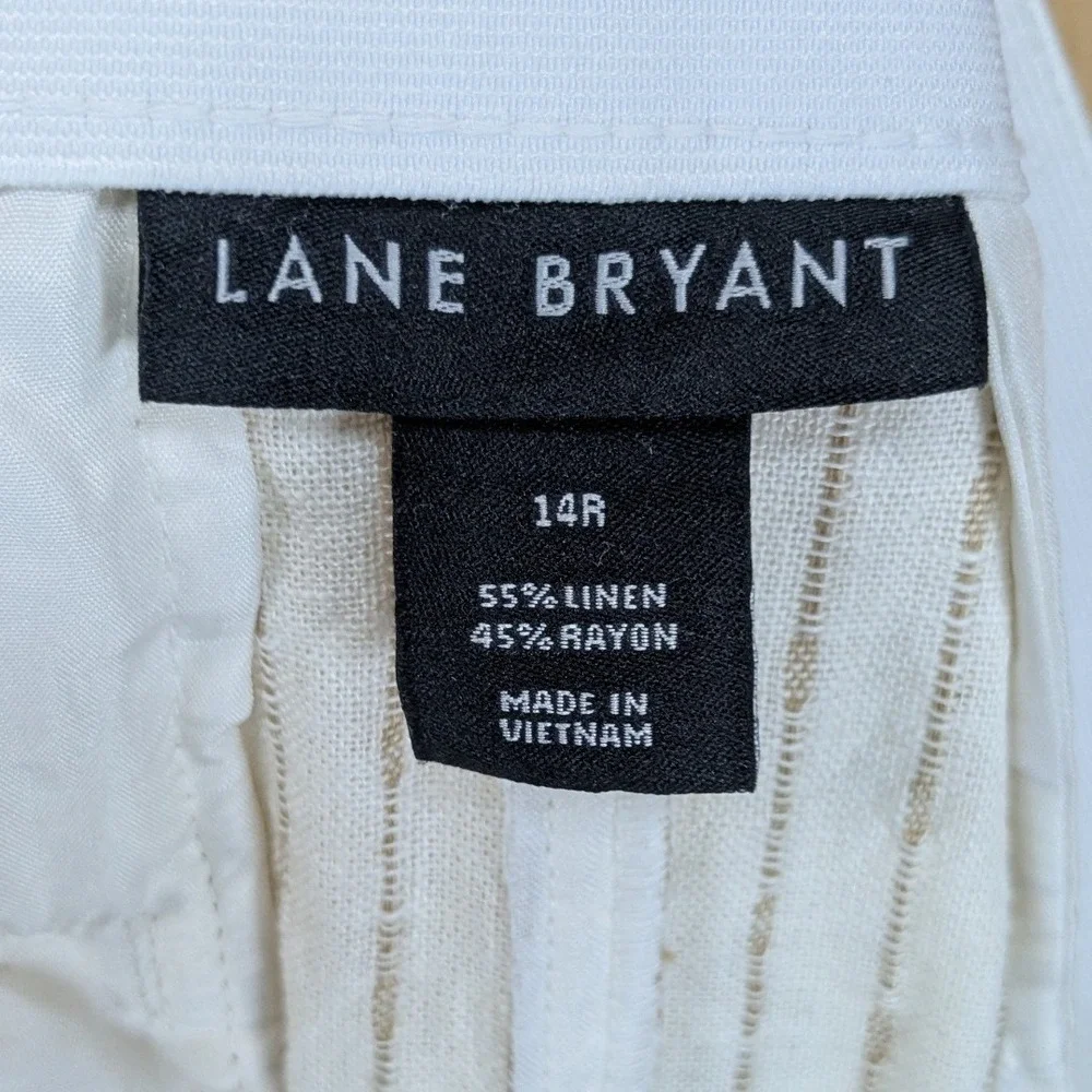 Lane Bryant Womens Linen Blend Wide Leg Pinstripe Pants 14 White Tan‎ Belted